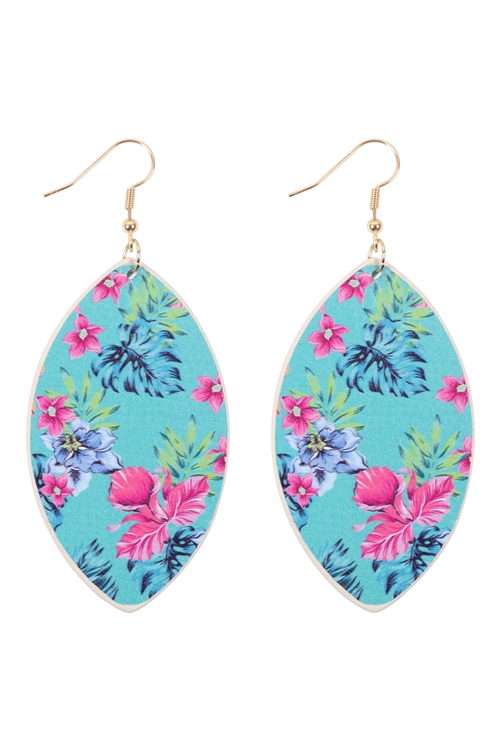 S29-9-1-HDE3244-4-TURQUOISE FLORAL PRINT MARQUISE DROP EARRINGS/6PAIRS