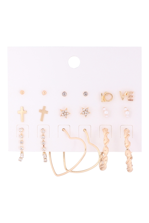 S25-1-2-HDE3247-LOVE  STAR CROSS ASSORTED SET EARRINGS-GOLD/6SETS