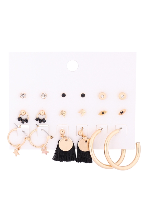 S25-1-2-HDE3248-TASSEL HOOP METAL STUD SET ASSORTED EARRINGS-GOLD/6SETS (NOW $1.25 ONLY!)