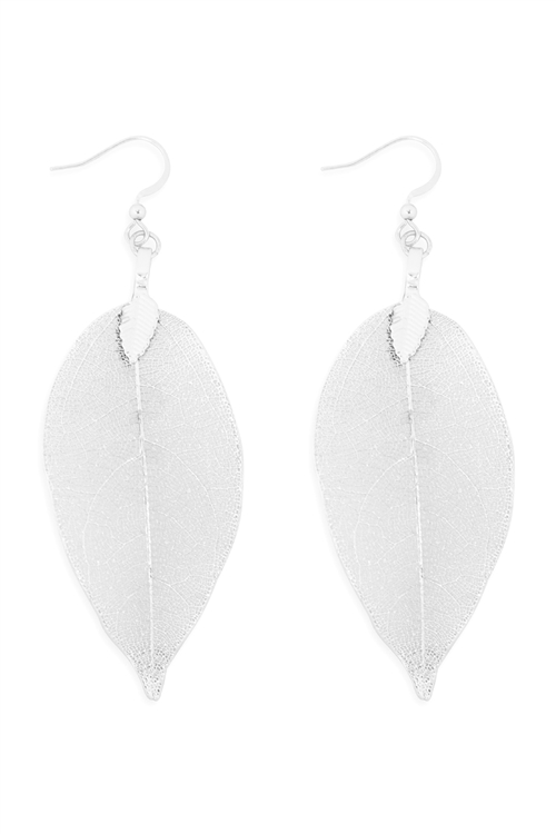 A2-4-4-HDE3323S-1  - LEAF TEXTURED DROP HOOK EARRINGS - SILVER/1PC