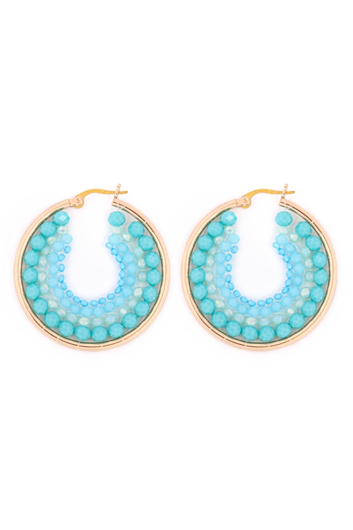 S22-13-1-HDE3393TQ-BOHEMIAN RONDELLE BEADS HOOP EARRINGS - TURQUOISE/6PCS