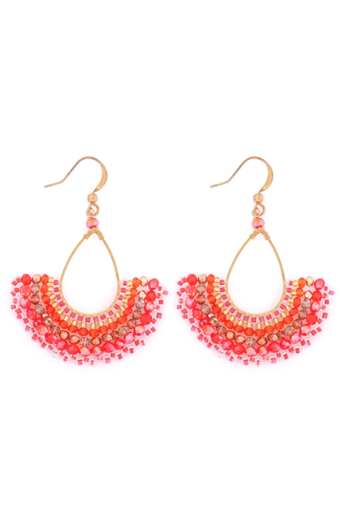 S20-12-3-HDE3395RD-BOHEMIAN TEARDROP FAN MIX BEADS FISH HOOK EARRINGS-RED/6PCS