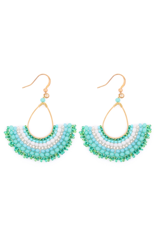 S20-12-3-HDE3395TQ-BOHEMIAN TEARDROP FAN MIX BEADS FISH HOOK EARRINGS-TURQUOISE/6PCS