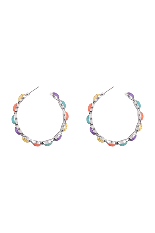 S23-6-1-HDE3771MT - WESTERN CONCHO SEMI STONE PAVE HOOP EARRINGS-MULTICOLOR/6PCS