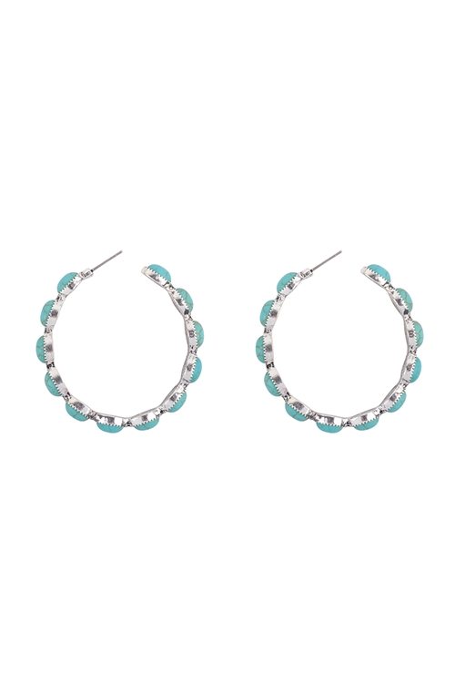 S23-6-1-HDE3771TQ - WESTERN CONCHO SEMI STONE PAVE HOOP EARRINGS-TURQUOISE/6PCS