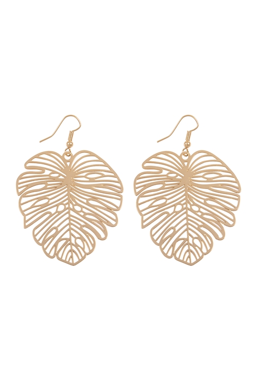 S17-10-3-HDE3886G - MONSTERA LEAF LASER CUT FILIGREE EARRINGS-GOLD/6PCS