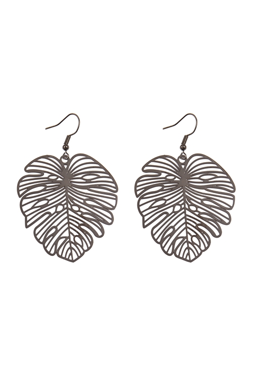 S17-10-3-HDE3886H - MONSTERA LEAF LASER CUT FILIGREE EARRINGS-HEMATITE/6PCS