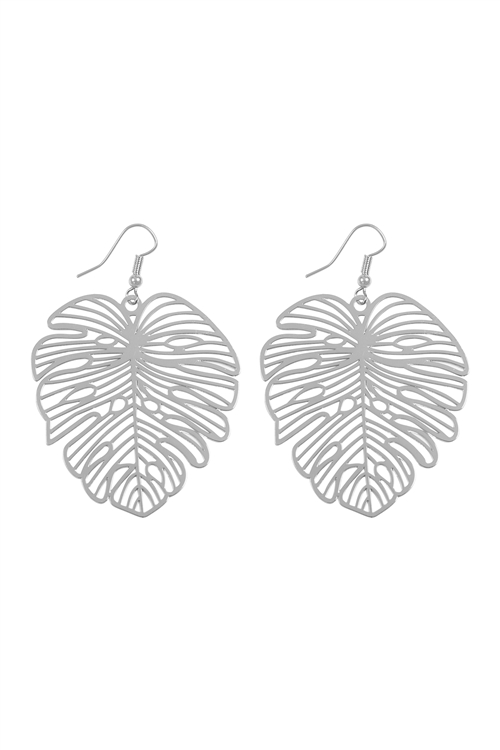 S17-10-3-HDE3886R - MONSTERA LEAF LASER CUT FILIGREE EARRINGS-SILVER/6PCS