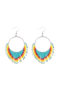 A3-2-2-HDE3891TQ - BOHO HOOP SEED BEADS FRINGE FISH HOOK EARRINGS-TURQUOISE/6PCS (NOW $3.00 ONLY!)