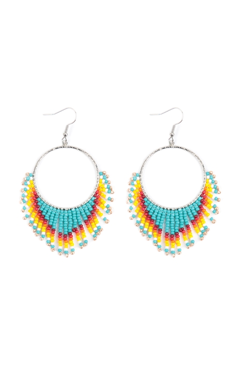 A3-2-2-HDE3891TQ - BOHO HOOP SEED BEADS FRINGE FISH HOOK EARRINGS-TURQUOISE/6PCS (NOW $3.00 ONLY!)