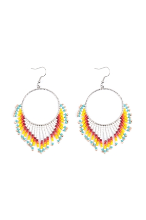 A3-2-2-HDE3891WT - BOHO HOOP SEED BEADS FRINGE FISH HOOK EARRINGS-WHITE/6PCS (NOW $3.00 ONLY!)