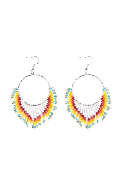 A3-2-2-HDE3891WT - BOHO HOOP SEED BEADS FRINGE FISH HOOK EARRINGS-WHITE/6PCS (NOW $3.00 ONLY!)