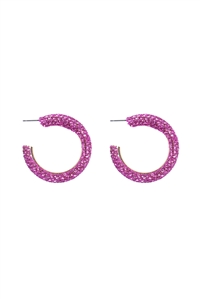 S20-3-1-HDE3963FS - COLORED PAVE RHINESTONE HOOP EARRINGS-FUCHSIA/6PCS