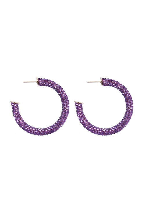 S21-5-2-HDE3964PU - COLORED PAVE RHINESTONE HOOP EARRINGS-PURPLE/6PCS