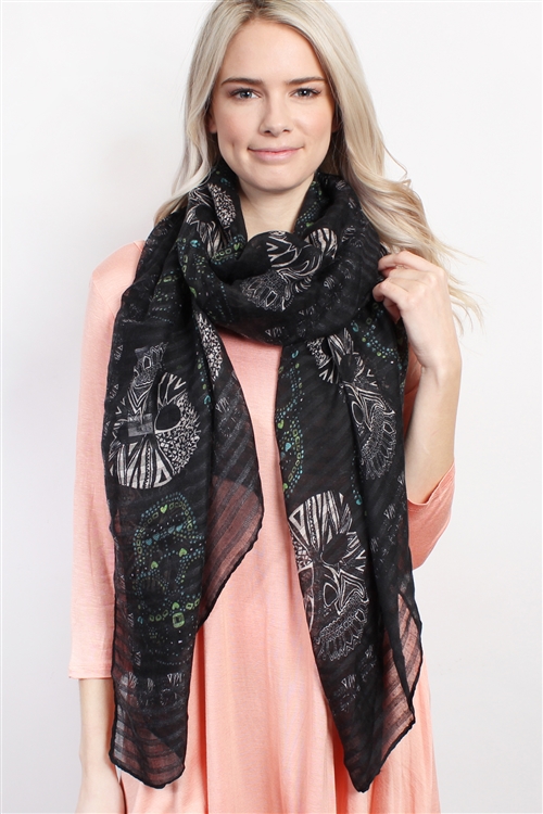 S20-5-3-HDF1545BK- (HALLOWEEN) BLACK OBLONG SUGAR SKULL SCARF/6PCS