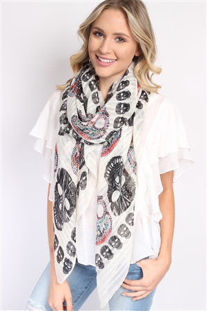 S20-5-3-HDF1545WT- (HALLOWEEN) WHITE OBLONG SUGAR SKULL SCARF/6PCS