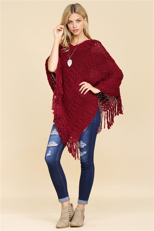 S2-4-5-HDF1766BU BURGUNDY CLASSIC FRINGE PONCHO/6PCS