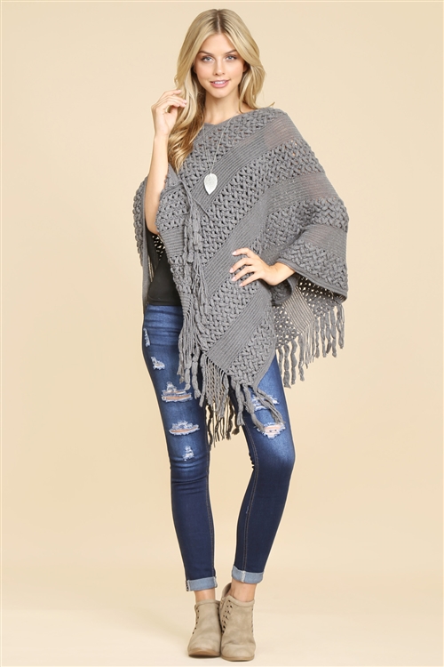 S3-8-4-HDF1766GY GREY CLASSIC FRINGE PONCHO/6PCS