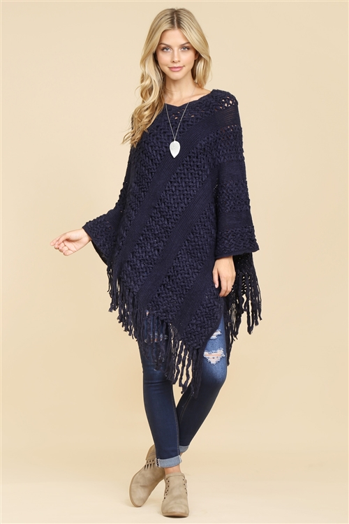 S2-4-1-HDF1766NV-1 NAVY CLASSIC FRINGE PONCHO/1PC