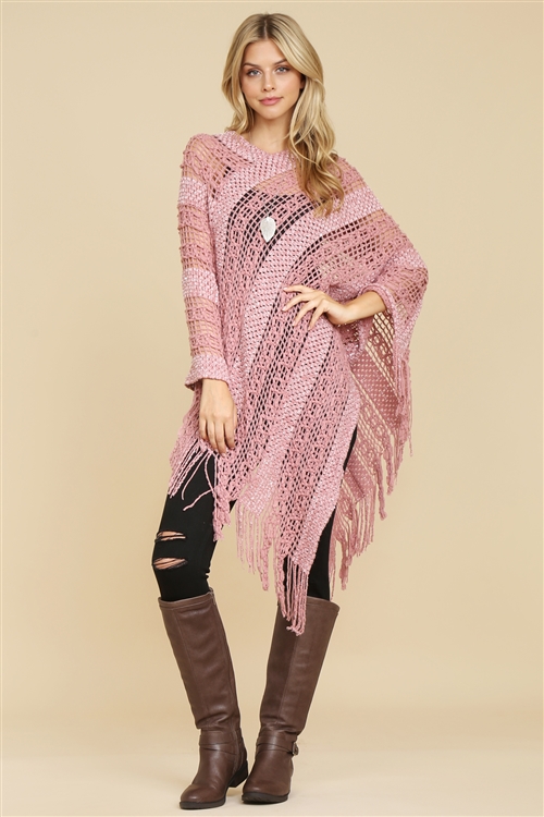 S21-7-3-HDF2097DPK DUSTY PINK CROCHET NATIVE PATTERN PONCHO/6PCS