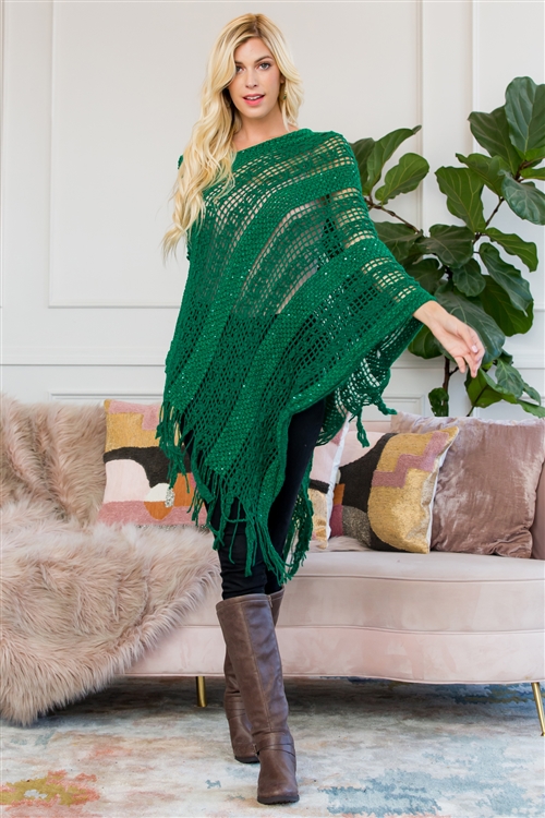 S2-5-3-HDF2097GR GREEN CROCHET NATIVE PATTERN PONCHO/6PCS