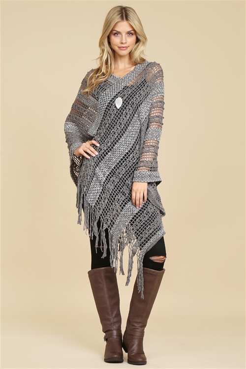 S21-7-3-HDF2097GY GRAY CROCHET NATIVE PATTERN PONCHO/6PCS