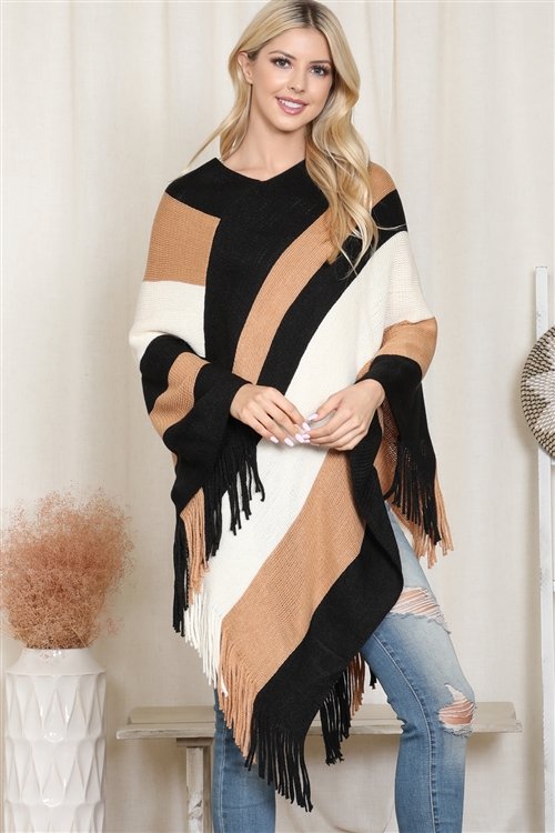 S3-8-1-HDF2099BG BEIGE COLOR BLOCK FRINGE PONCHO/6PCS