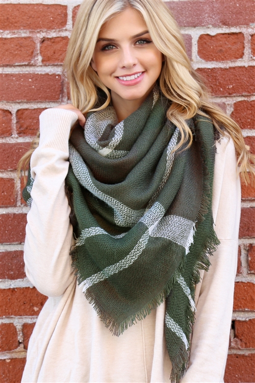 S3-7-5-HDF2194 OLIVE BLANKET FRINGE SCARF/6PCS (NOW $4.75 ONLY!)