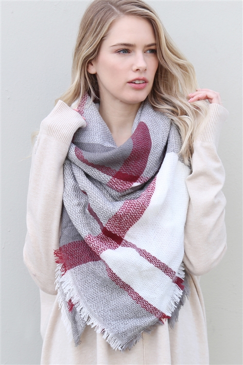 S3-8-4-HDF2211 GRAY BURGUNDY BLANKET FRINGE SCARF/6PCS (NOW $4.75 ONLY!)