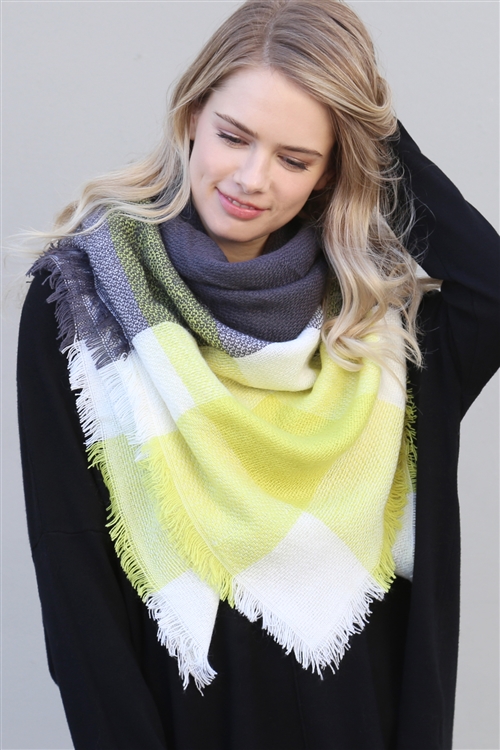 S2-7-2-HDF2215 DARK GRAY YELLOW BLANKET FRINGED SCARF/6PCS (NOW $4.75 ONLY!)