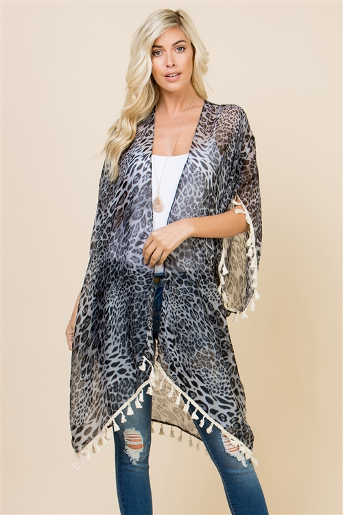 S28-2-2-HDF2223GY GRAY OPEN FRONT LEOPARD TASSEL CARDIGAN/6PCS