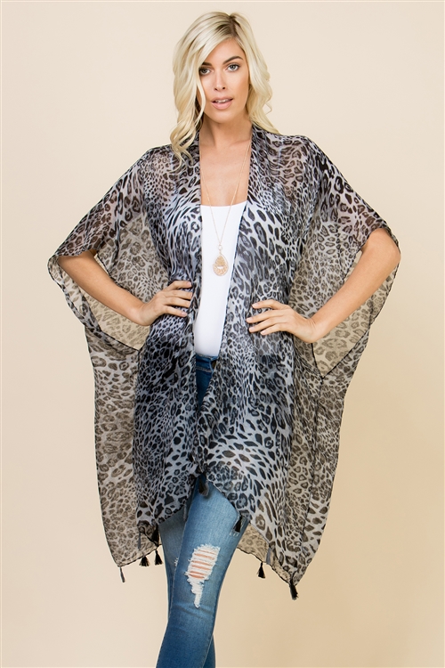 S27-8-5-HDF2224GY GRAY OPEN FRONT LEOPARD TASSEL CARDIGAN/6PCS