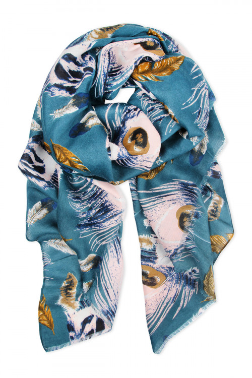 S7-6-5-HDF2427BL BLUE FEATHER PRINTED SCARF/6PCS