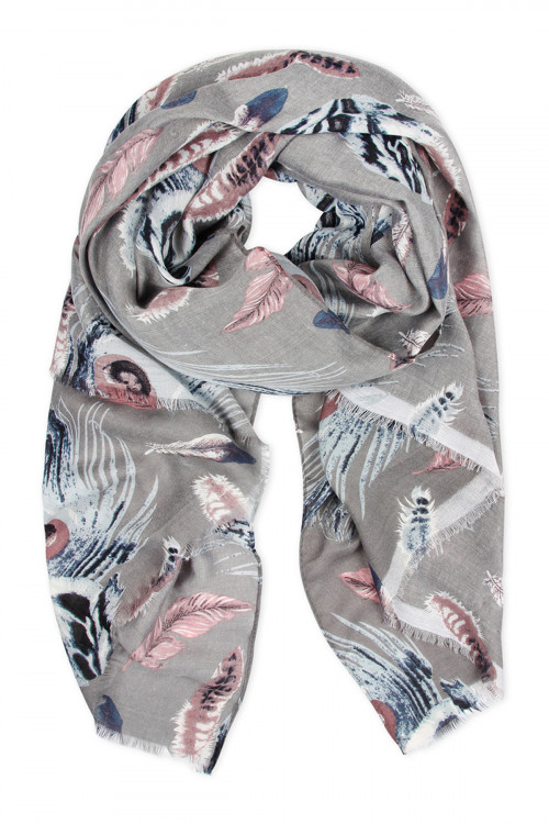 SA4-1-5-HDF2427GY GRAY FEATHER PRINTED SCARF/6PCS