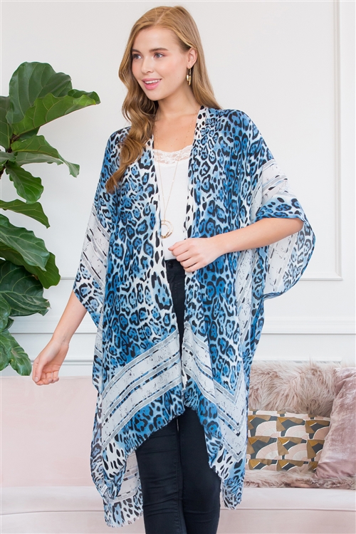 S1-2-6-HDF2504BL BLUE LEOPARD LINED OPEN FRONT CARDIGAN/6PCS