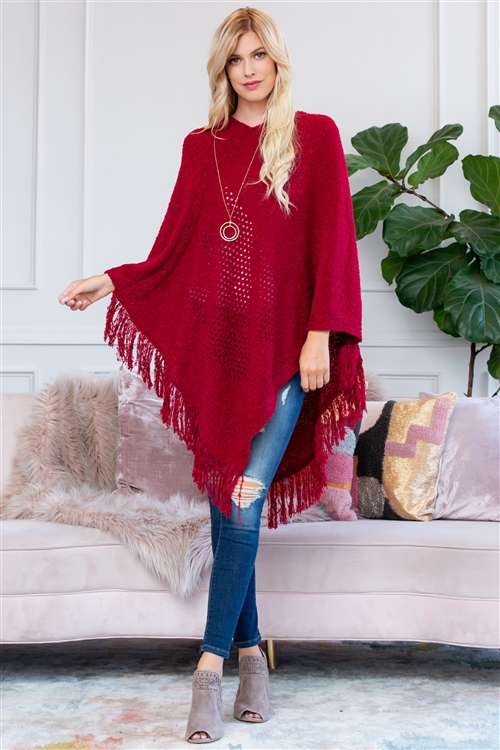 S2-7-2-HDF2520BU BURGUNDY SOFT KNIT FRINGE PONCHO/6PCS(NOW $5.25 ONLY!)