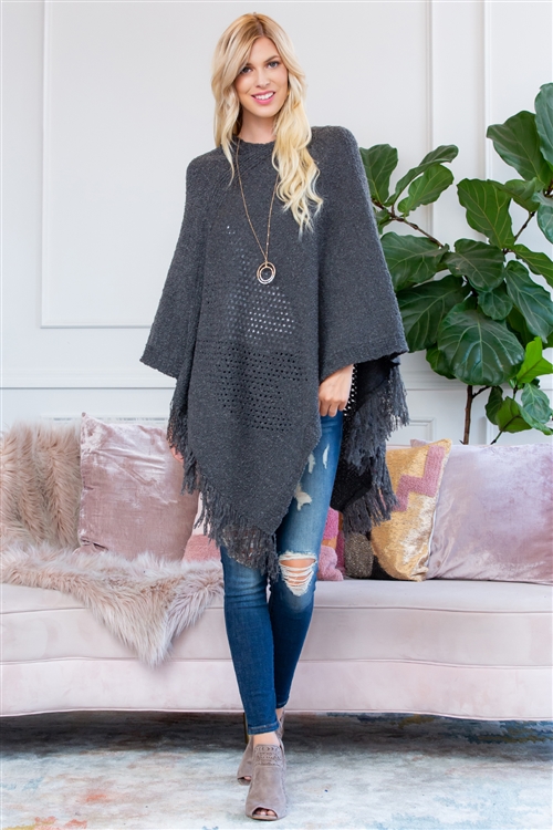S2-6-3-HDF2520GY GRAY SOFT KNIT FRINGE PONCHO/6PCS(NOW $4.25 ONLY!)