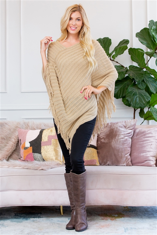 S1-6-1-HDF2542BG BEIGE KNITTED V PONCHO/6PCS