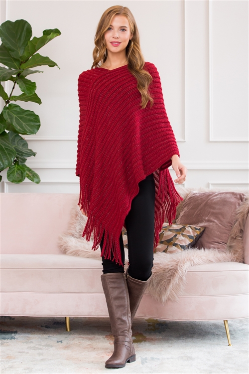 S1-8-1-HDF2542BU BURGUNDY KNITTED V PONCHO/6PCS