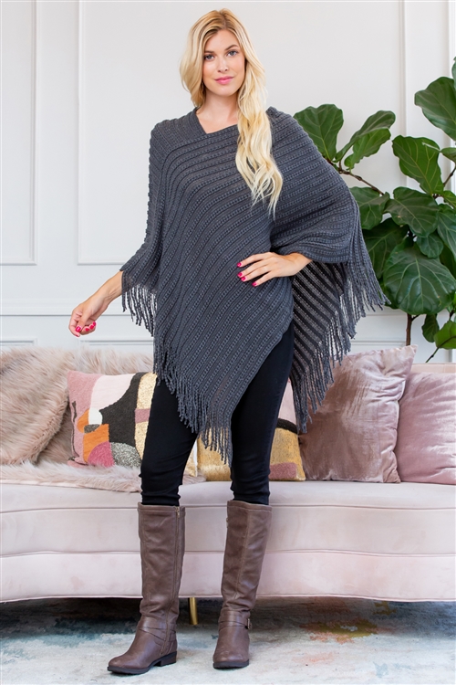 S1-5-2-HDF2542DGY DARK GRAY KNITTED V PONCHO/6PCS