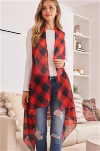 S2-4-4-HDF2567RD RED PLAID KNEE LENGTH CARDIGAN/6PCS