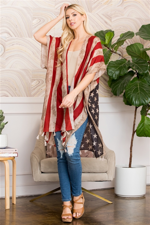 S25-5-1-HDF2659A VINTAGE USA FLAG PRINT TASSEL KIMONO-MULTICOLOR/6PCS