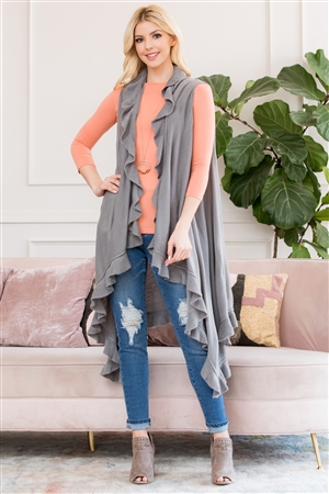 S21-5-4-HDF2674LGY LIGHT GRAY OPEN RUFFLED SLEEVELESS CARDIGANS/6PCS (NOW $5.75 ONLY!)
