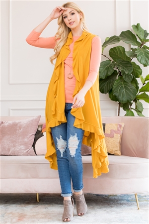 S3-5-5-HDF2674MU MUSTARD OPEN RUFFLED SLEEVELESS CARDIGANS/6PCS (NOW $5.75 ONLY!)