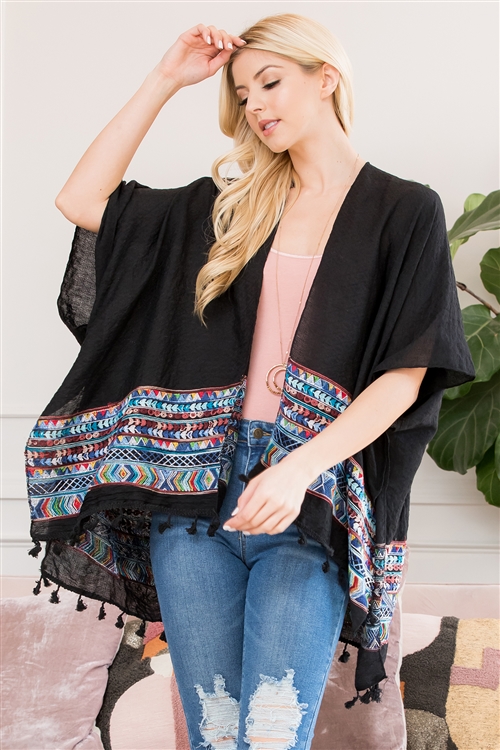 S3-6-5-HDF2763BK BLACK CHEVRON PRINTED BEACH OPEN FRONT KIMONO/6PCS (NOW $3.75 ONLY!)