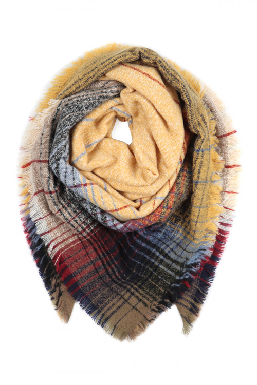S20-5-1-HDF2913-2 MUSTARD NAVY RED MULTI COLOR BLANKET FRINGED SCARF/6PCS (NOW $4.75 ONLY!)