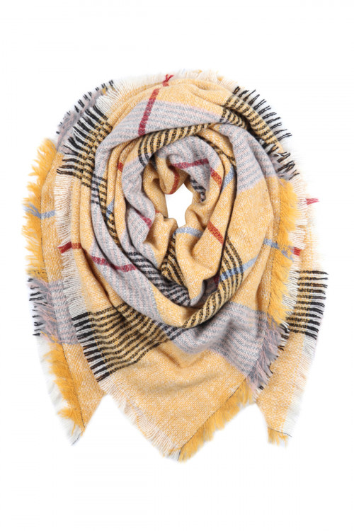 S2-7-4-HDF2914-2 MUSTARD GRAY MULTI COLOR BLANKET FRINGED SCARF/6PCS