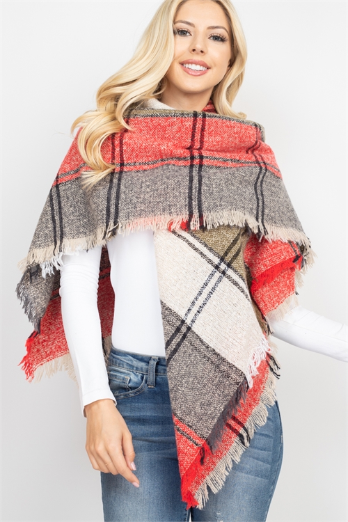 S2-7-4-HDF2916-4 GRAY BROWN RED MULTI COLOR BLANKET FRINGED SCARF/6PCS (NOW $4.75 ONLY!)