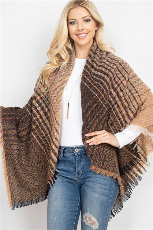 S2-9-5-HDF2917-5 BROWN TWO TONE BLANKET FRINGED SCARF/6PCS (NOW $4.00 ONLY!)