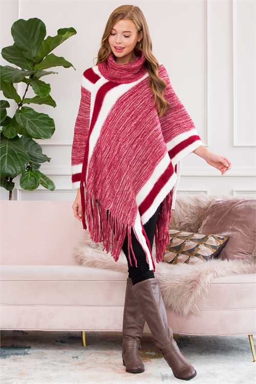 S2-5-3-HDF3001RD RED ULTRA SOFT TONE TURTLE NECK FRINGE PONCHO/6PCS(NOW $4.50 ONLY!)